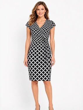 White House Black Market Geometric Faux Wrap Dress Black White Size 12  NWT